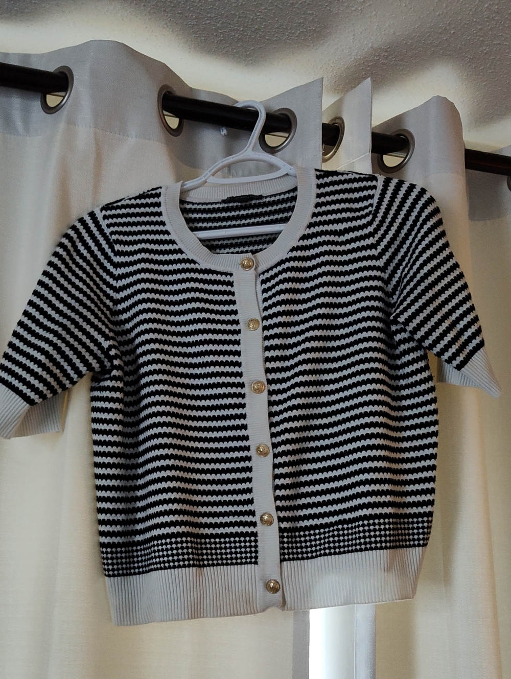 Adrianna Papell Black and White Striped Knit Button Cardigan